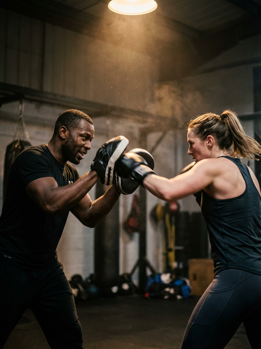 HolistiqFit boxing coach during pad work training